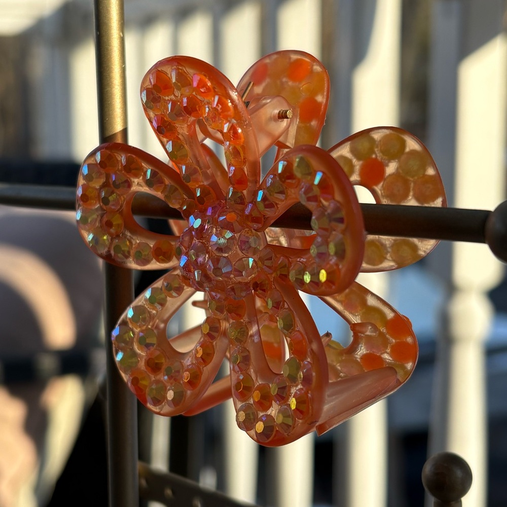 Handmade Orange Rhinestone Flower Hair Clip - Picture 2 of 4